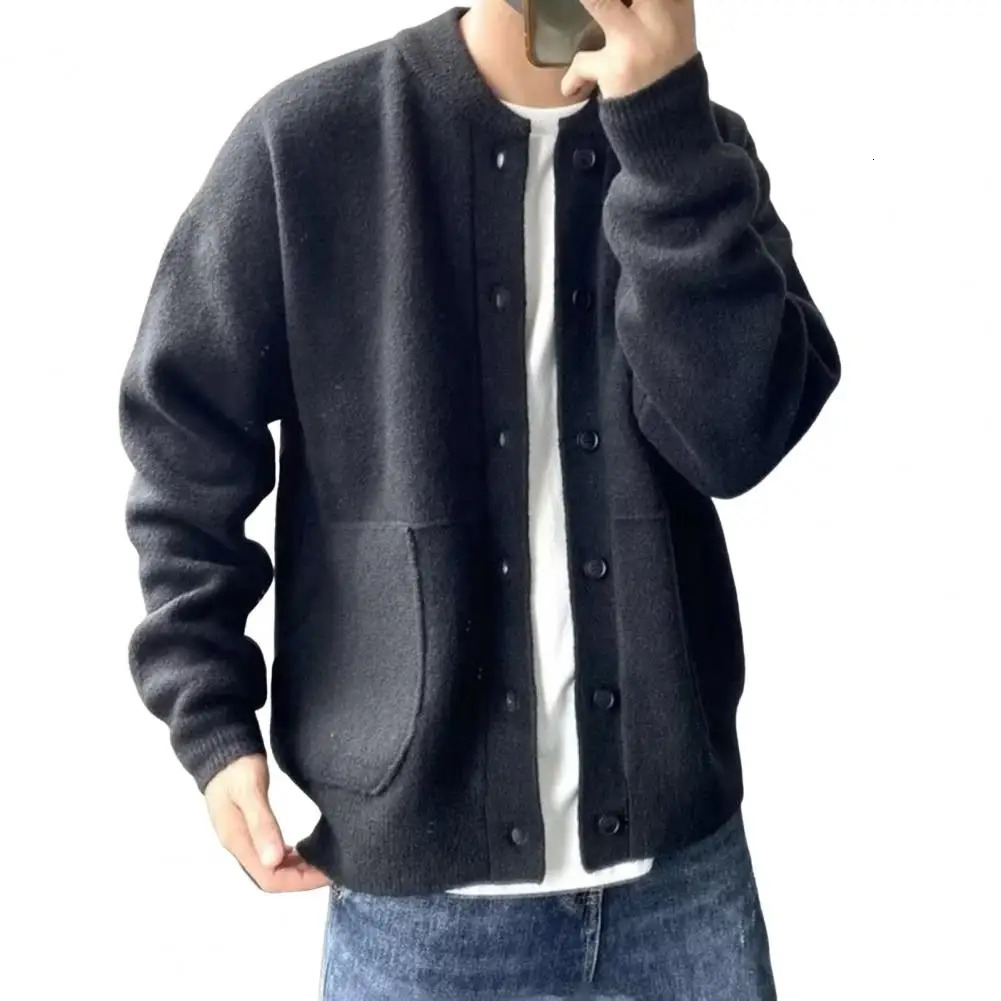 Mens Knitwear Round Neck Long Sleeves Singlebreasted Pure Color Cardigan Knit Coat Loose Daily Wear School Sweater Jacket 250311