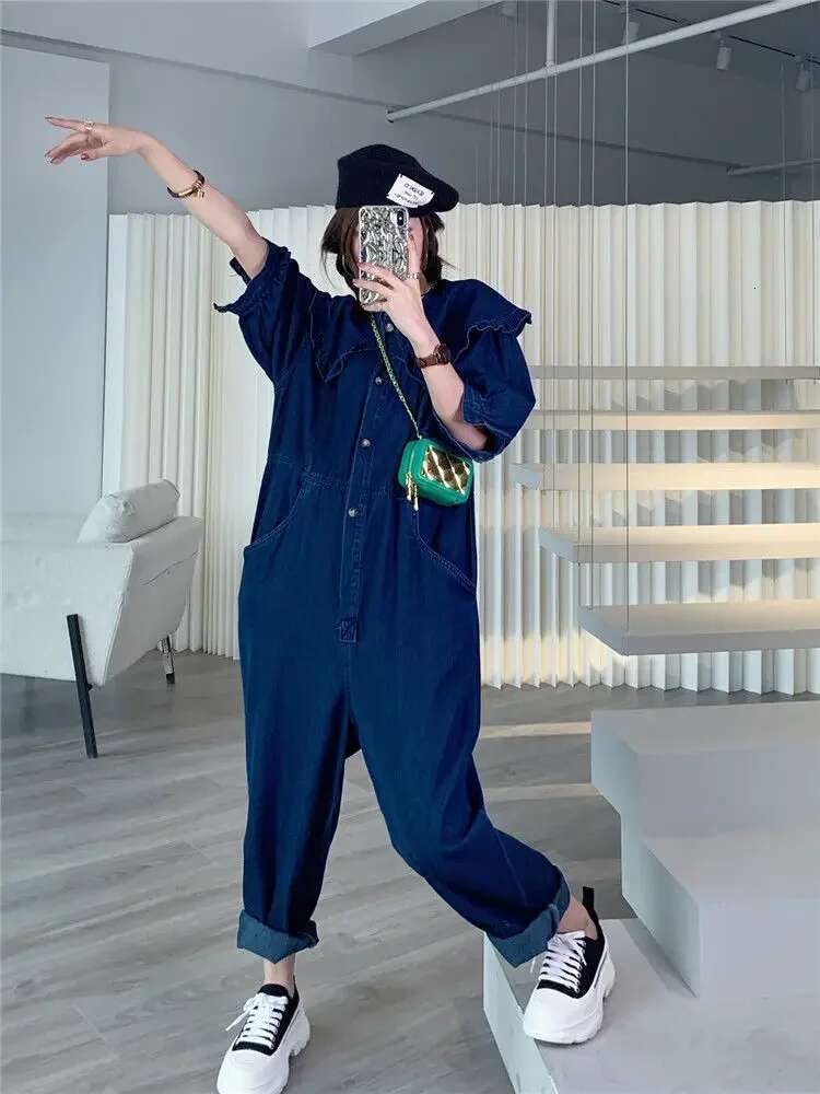 2025 new denim jumpsuit designer fashion doll collar solid color full-length high waisted loose fitting women's jumpsuit4