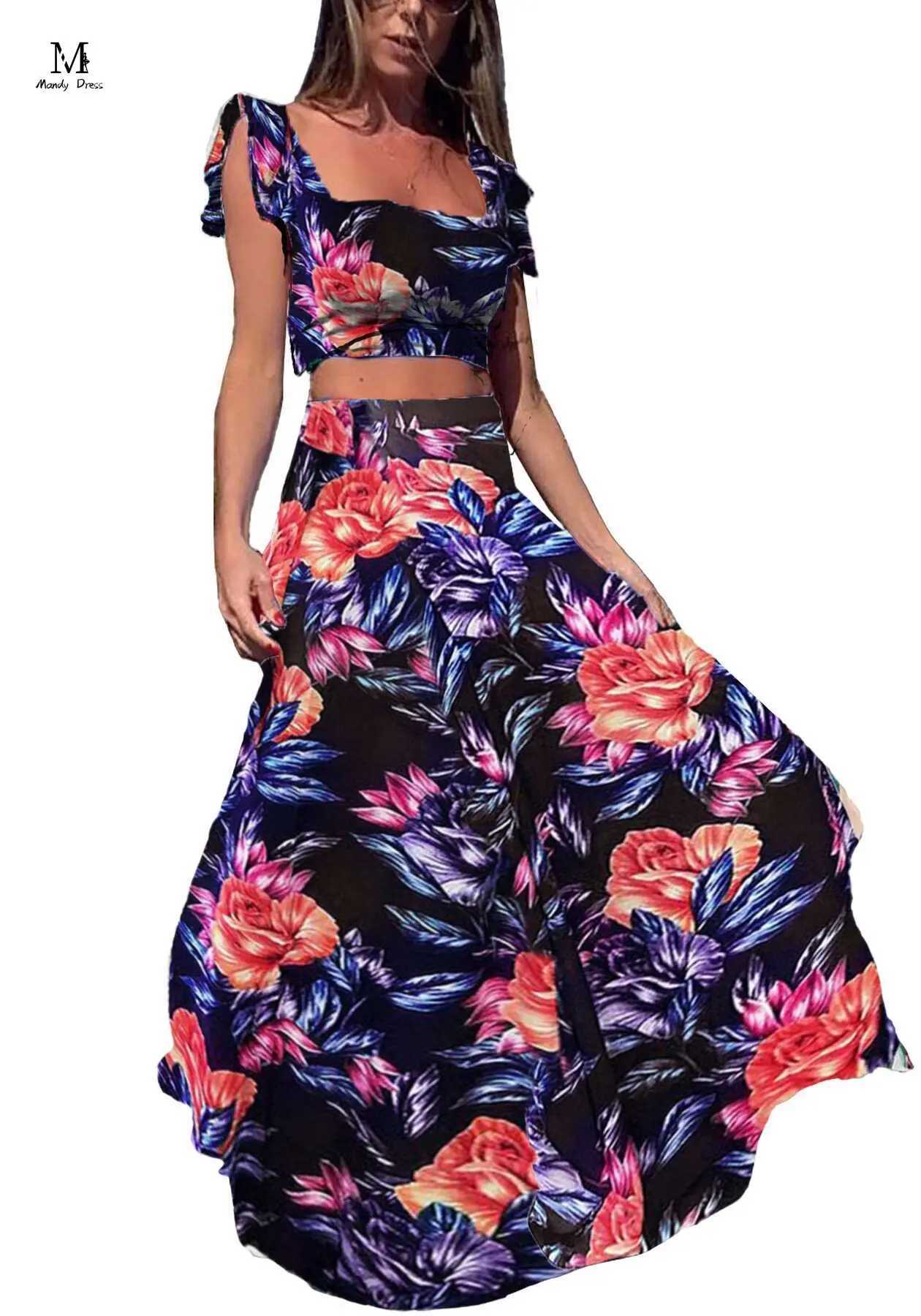 Two Piece Dress Elegant womens two-piece skiing set with floral print vest ultra-thin suitable for beach wear summer casual bohemian style 2-piece set