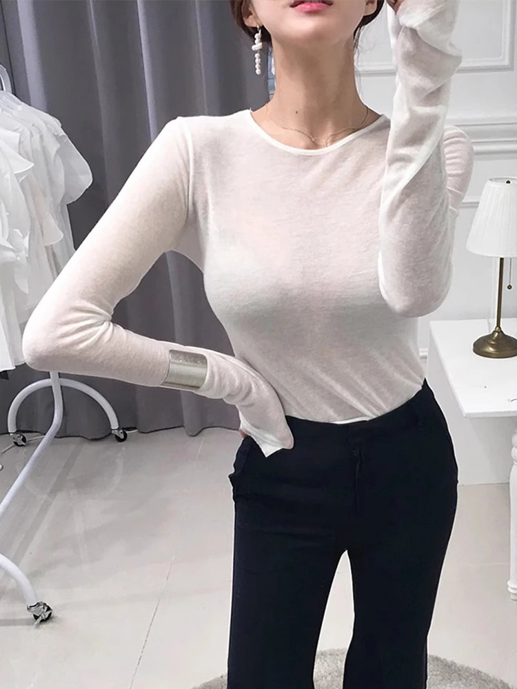 Sexy Perspective Womens T-shirt Long Sleeve Korean Style Slimming Basic Elastic T-shirt Womens Clothing Solid T-shirt Womens 250314