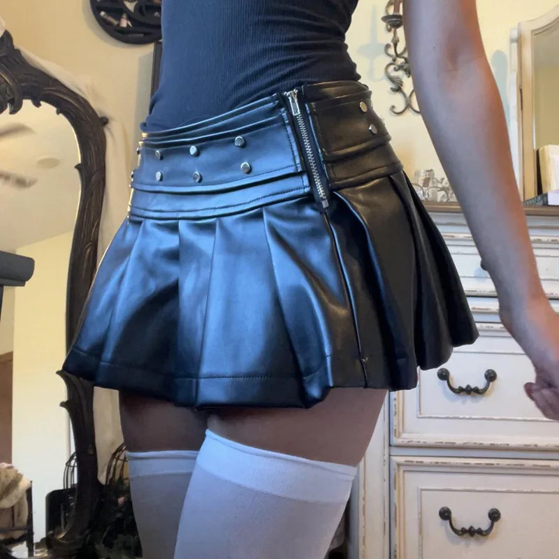 Goth Dark Punk Style Rivet Faux Pu Leather Pleated Skirts 90s Grunge Streetwear Women Mall Gothic Dropped ALine Mini Skirt Zip 250312