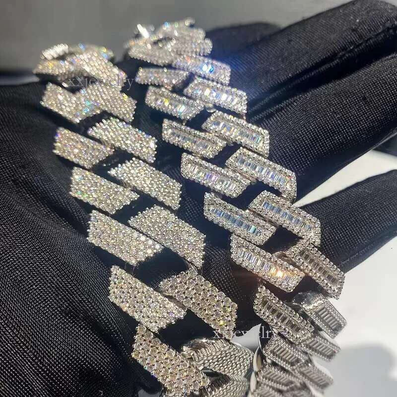 Hip Hop Jewelry Style 15mm 20mm Sterg Sier Round Baguette VVS Dia Iced Out Moissanite Cuban k Chain