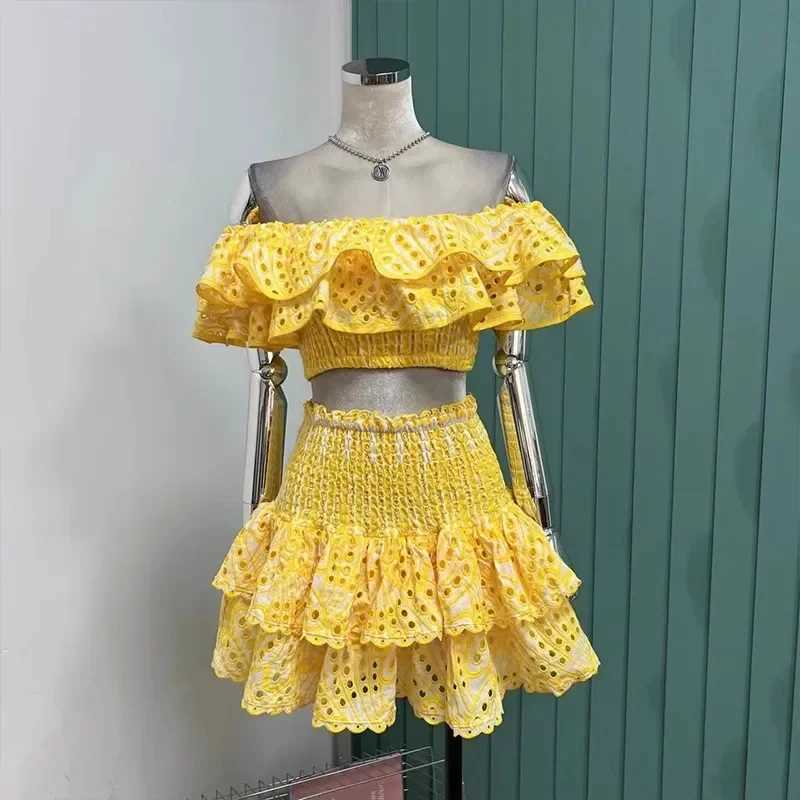 Two Piece Dress New summer holiday 2-piece sexy womens shoulder embroidered pleated hollow cotton short top+cake mini ski suit Y250315O7NZ