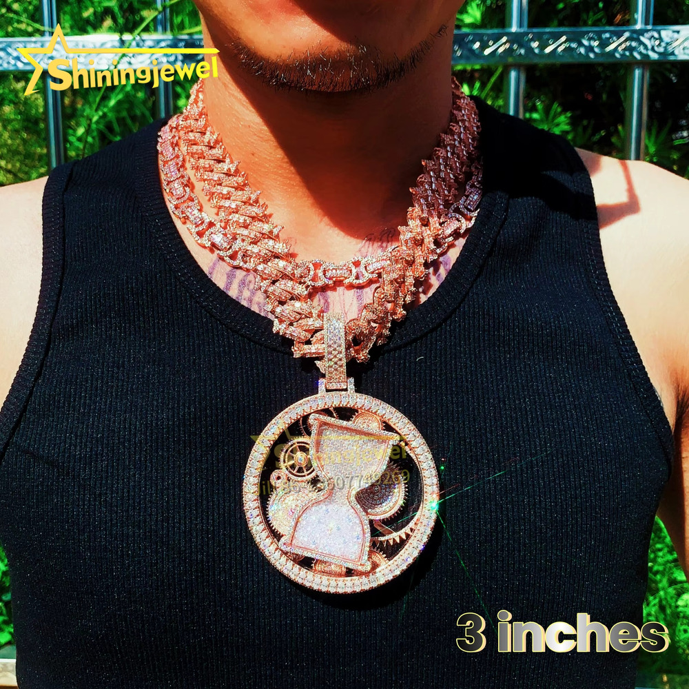 Custom Jewelry Maker Luxury Baguette Moissanite Spinning Pendant Hourglass Hip Hop Jewelry Rock Custom Moissanite Pendant