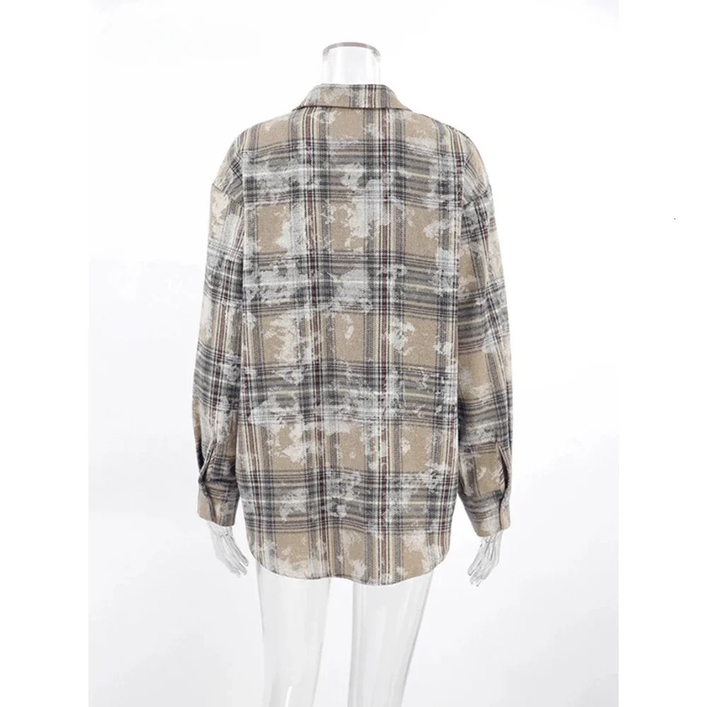 Zekye Spring Womens Shirt Distressed Plaid Blouses Grey Casual Cotton Long Sleeve Blouses Office Womens Loose Shirt Y2k 250314
