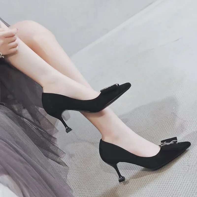 new style metal buckle design suede shallow mouth pointed stiletto black sexy party wedding women's high heels