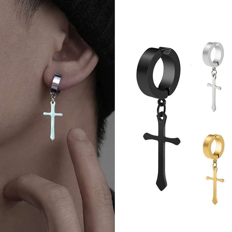 2025 New model Fashion Titanium Cross Ear Clip For Men Women Stainless Steel Punk Black Single Earring Fake Earrings Jewelry