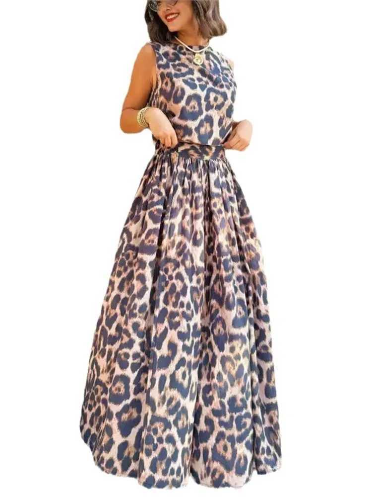 Two Piece Dress Trend Leopard Print Skirt 2-piece set for womens Slvel Backl Leaf up cut top waist A-line Skirts 2-piece set new Y2503156EXP