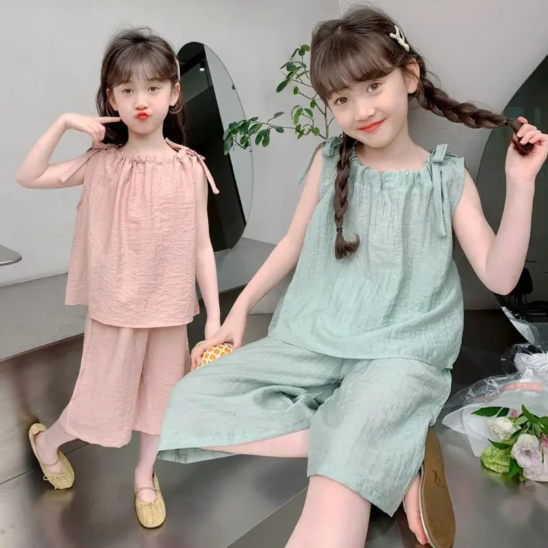 Summer 2025 childrens clothing girls lace Tshirts vests tops corsets and shorts youth casual 3 8 10 12 years 250312
