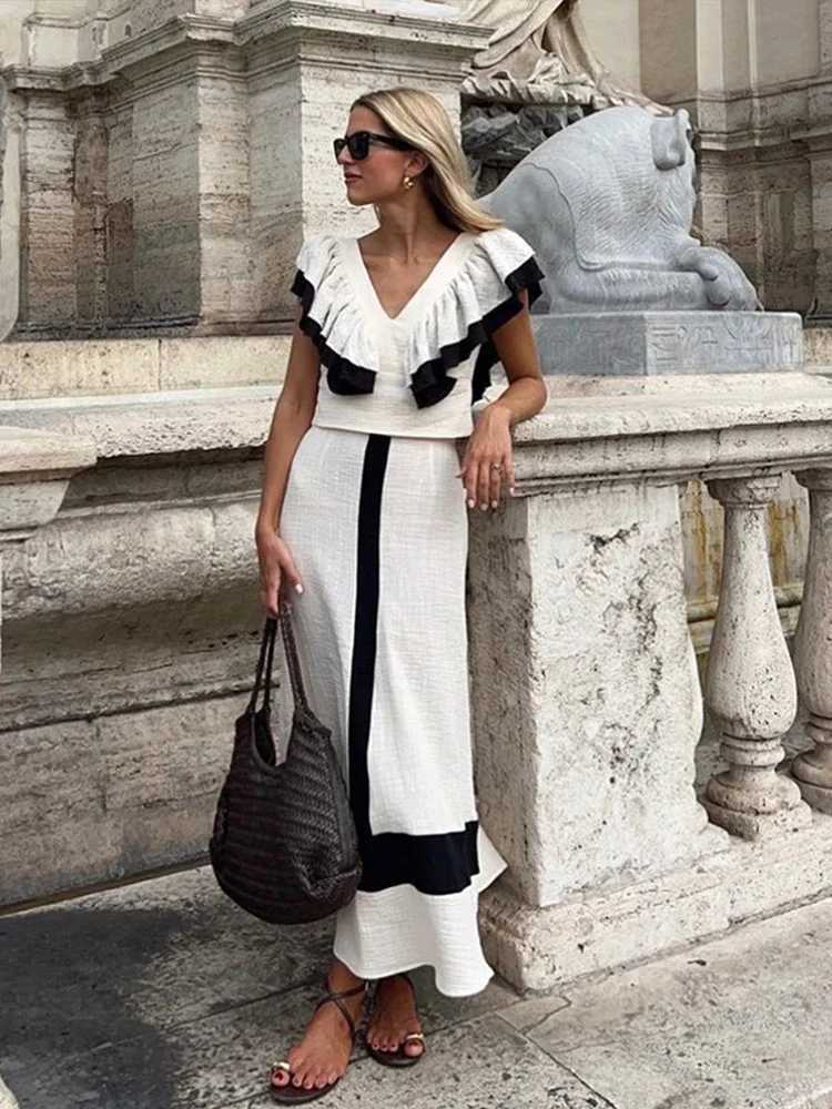 Two Piece Dress Fashion Patchwork Long Skirt Sets For Women Summer Elegant V-neck Fly Slve Cropped Tops High Waist A-line Skirts 2 Pieces Sets Y250315
