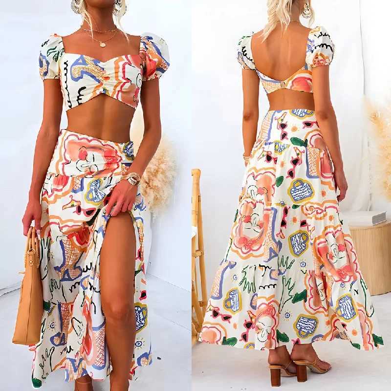 Two Piece Dress Short Top Maxi Skirts Two Pieces Sets Women Summer Loungewear Printing Patchwork Outfit 2025 Fashion Beach Style Ladies Suits Y2503158