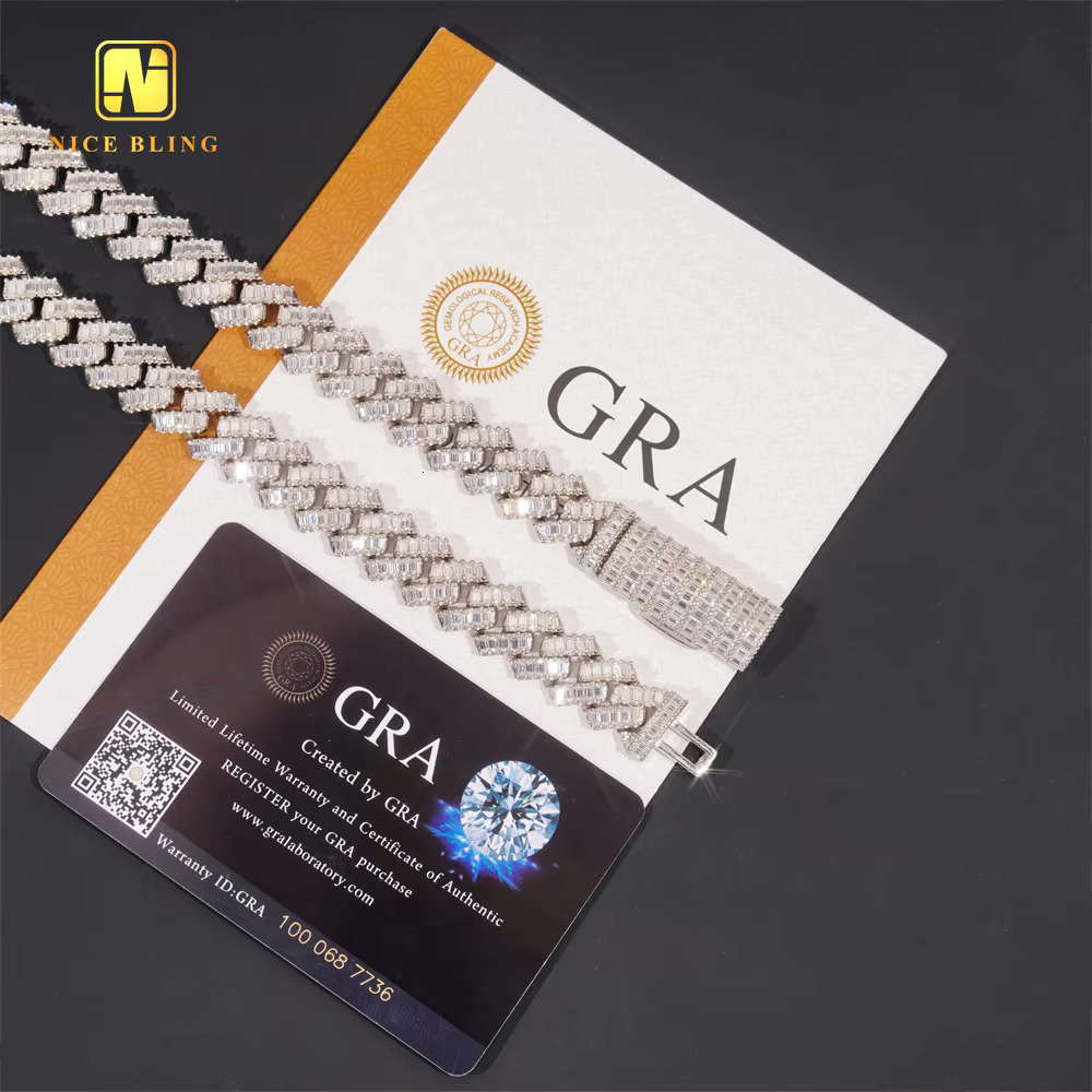 High Quality Luxury Bling Baguette Diamond Iced Out Cuban Link 12mm 925 Sterling Silver Moissanite Cuban Link Chain