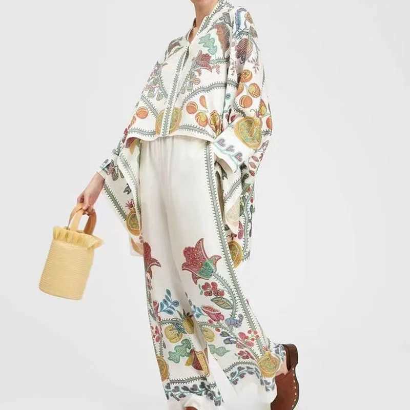 Women's Two Piece Pants Fashion O-neck Button Long Slve Shirts Long Pant Outfits Women Elegant Pattern Print Loose Suits Casual Wide Legger 2Pc S