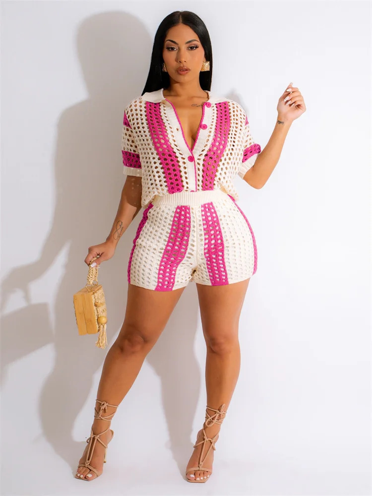JRRY Sexy Women Knitted Set Two Pieces Sets Turn Down Collar Short Sleeves Top Pants Cover Ups Hollow Out Beach Pants Set 250314