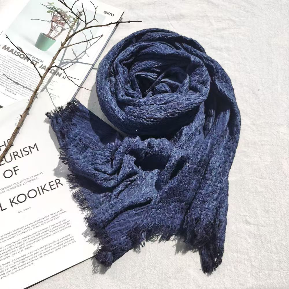 T296 Spring and Autumn Winter Thin Scarf Zen Retro Ruffled Edge Dark Tone Pure Color Cotton Neutral Style Art Scarf