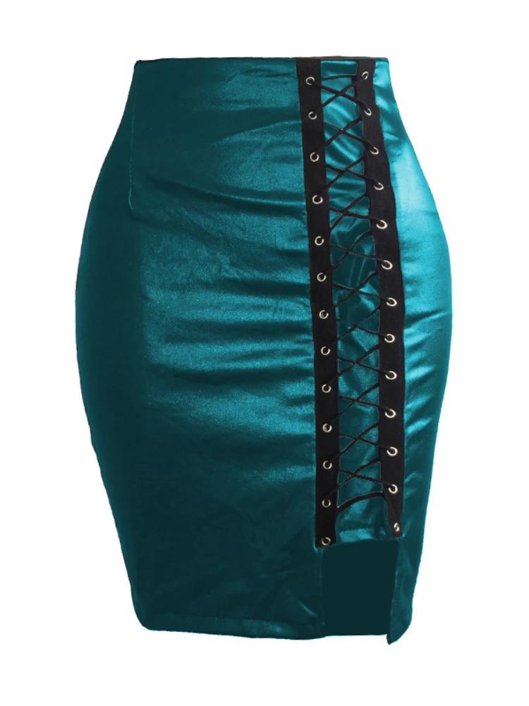 Sexy PU Leather Cross Bandage Split Mini Skirt Women Highwaist Slim Skirts Office Lady Bodycon Club Party 250312