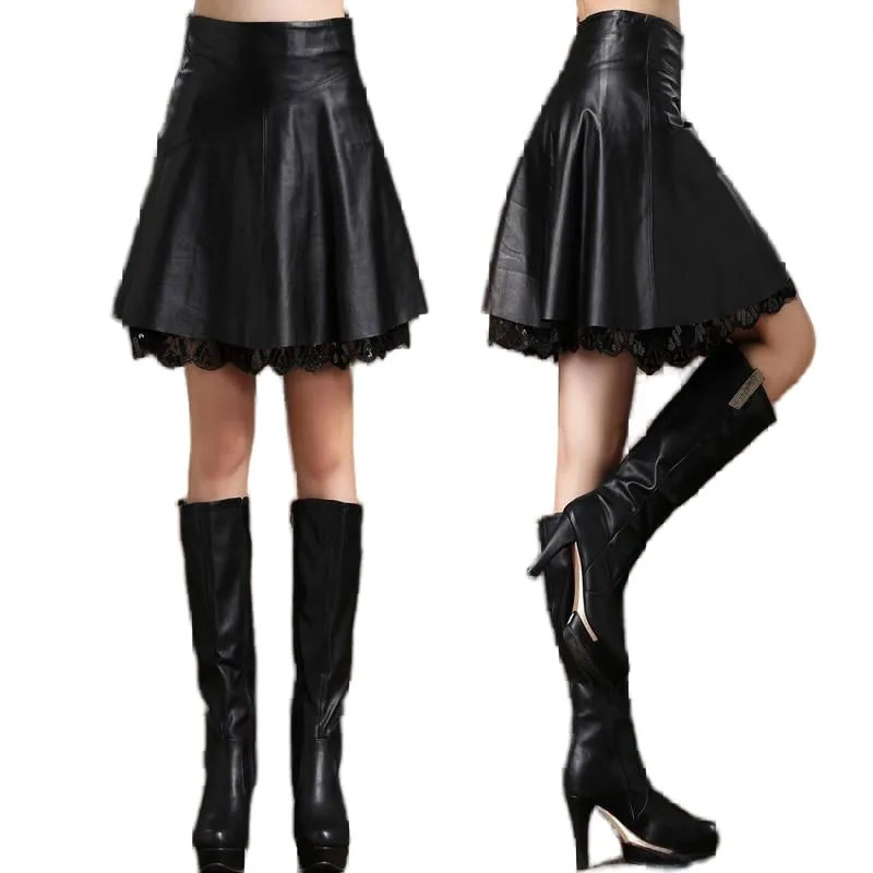 On Sale Spring Summer Women High Waist Black PU Leather Lace Skirts Casual Solid Korean Elastic Pleated Y2K Sexy Club Skirt 250312