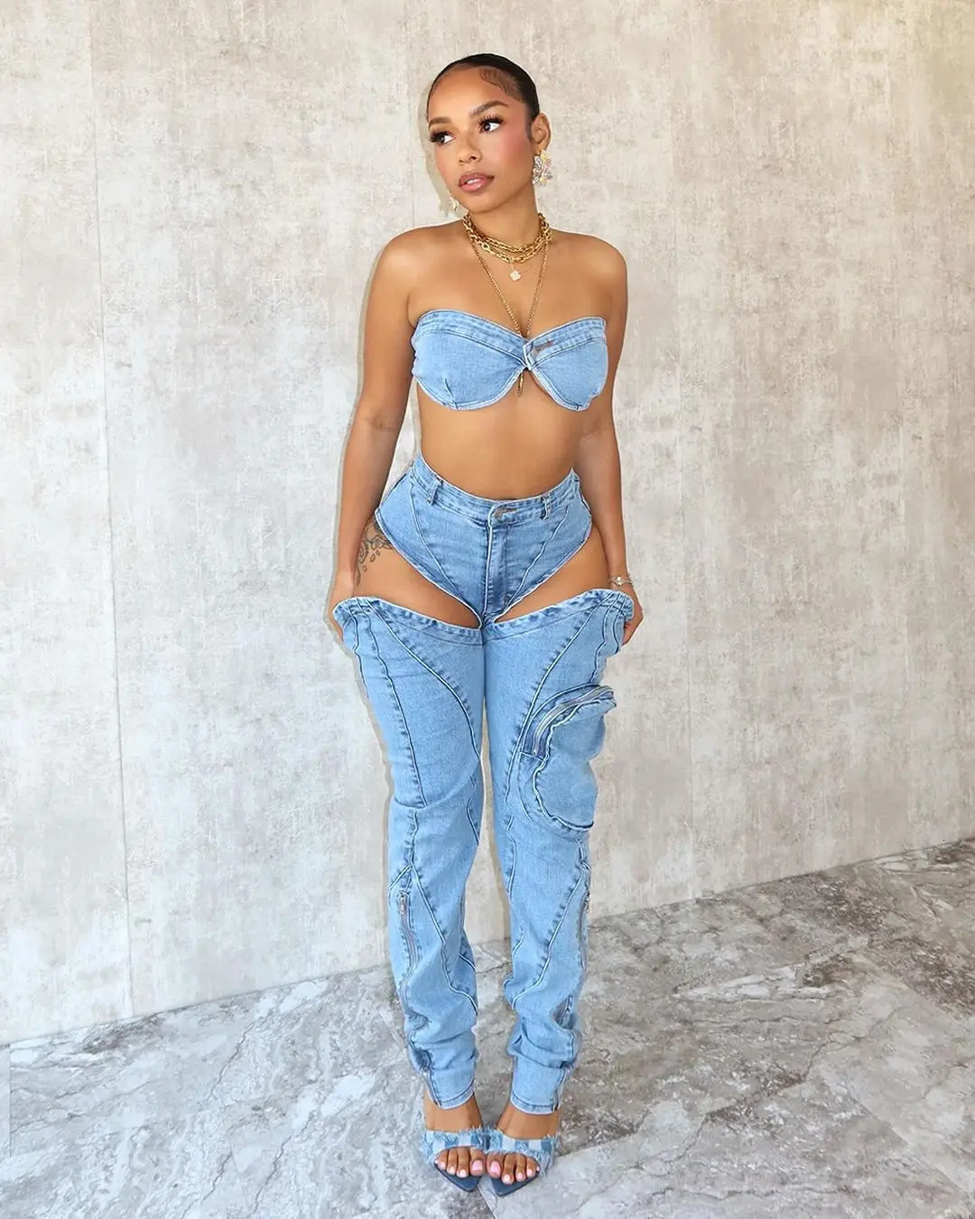 Hollow denim jeans pants set sexy womens elegance two-piece denim club matching set 250314