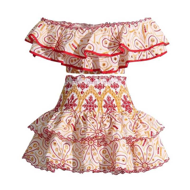 Two Piece Dress Summer Holiday Two Piece Womens Cotton Embroidered Sexy Slanted Collar Ruffle Top and High Waist Short Shirt Beach Set Y250315X6FA