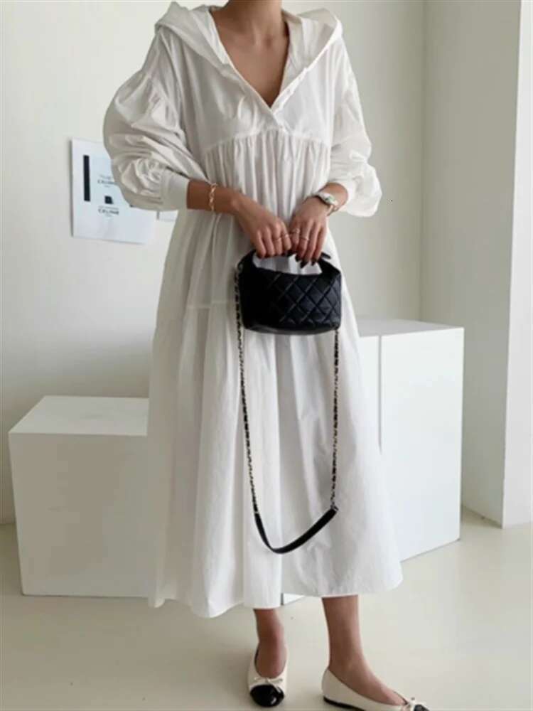 2025 new hooded oversized women's shirt dress designer fashion bubble sleeves solid color casual loose straight tube long skirt women's spri