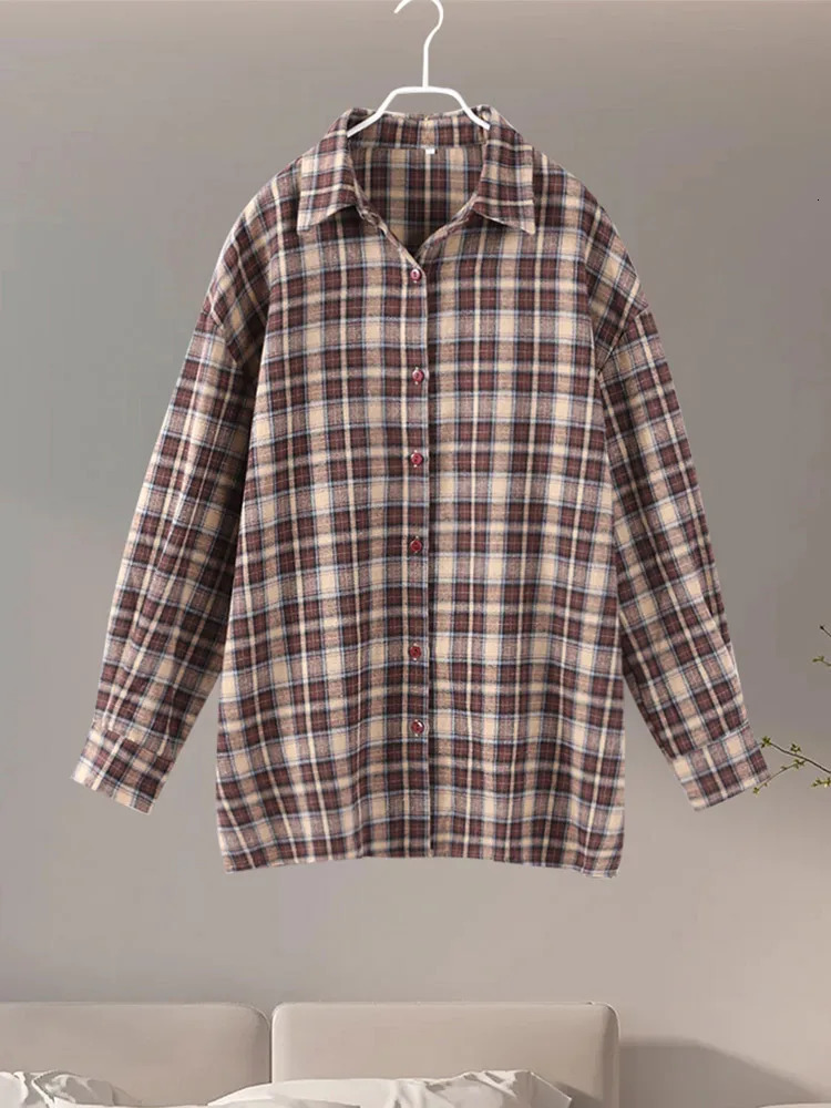 Casual Plaid Shirt Woman Loose Autumn Winter Lapel Buttons Womens Coat Full Sleeve Cozy Vintage Khaki Tops Female Streetwear 250314