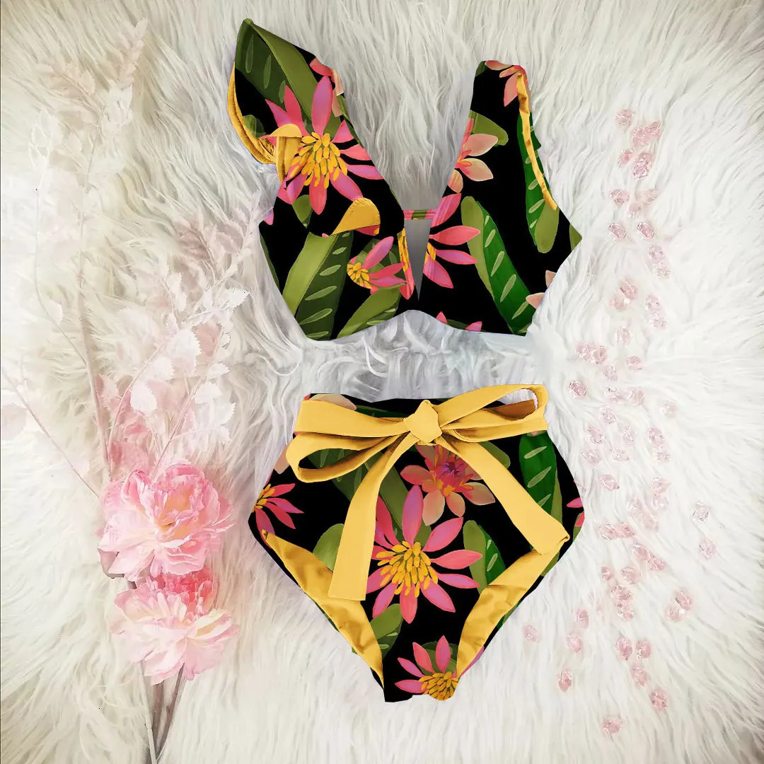 Bikini Floral Ruffle Bikini Set Womens V-neck High Waist Two Piece Swimsuit Womens Beach Swimsuit 250314