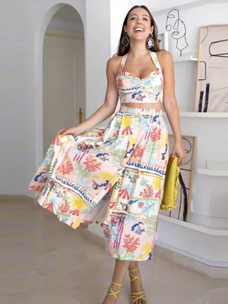Two Piece Dress Printed Halter Women Skirt Suits Slvel Backl Crop Female Top Sets 2025 Sexy Beach Single Breasted Split Lady Skirts Set Y25031541E2
