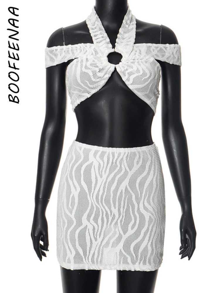 Two Piece Dress BOOFNAA Sexy 2-piece Mesh White Lace Back Crop Top Mini Skiing Competition Set 2025 Summer Womens Vacation Set C85-ED21 Y250315FHOK