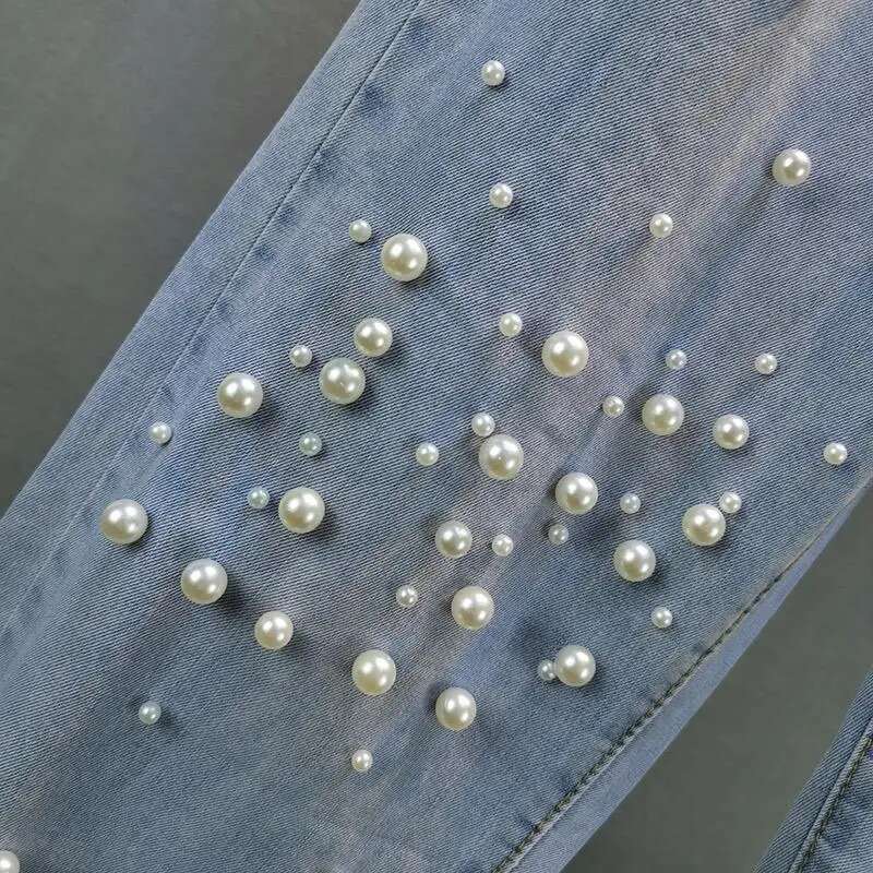 2025 new beaded denim designer fashion harem women's spring and summer pearl decoration elastic waist loose jeans fashion trend full pants4
