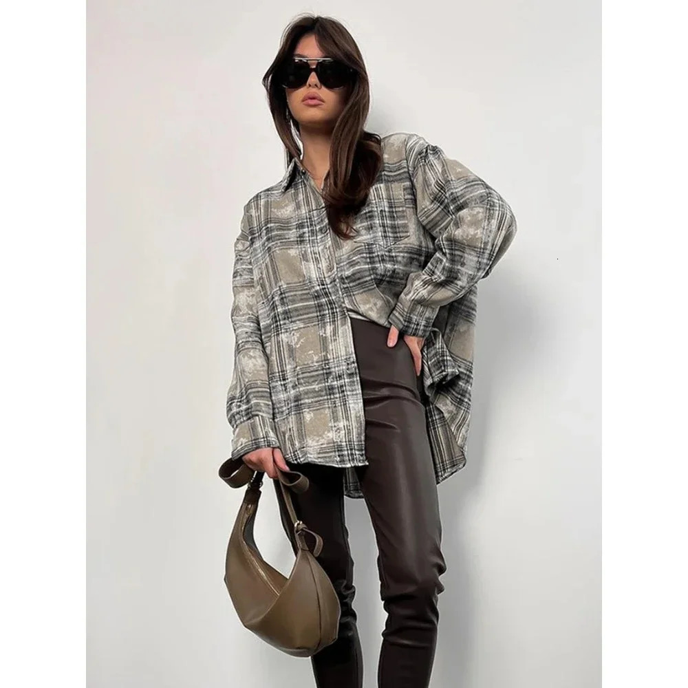 Zekye Spring Womens Shirt Distressed Plaid Blouses Grey Casual Cotton Long Sleeve Blouses Office Womens Loose Shirt Y2k 250314