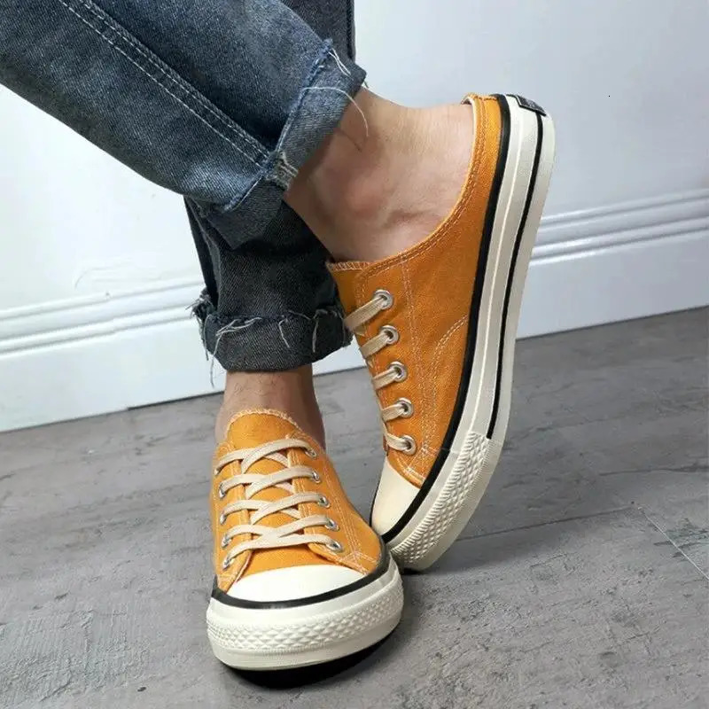 Mens Canvas Sneakers Lovers Comfortable Slip-on Shoes Flats Casual Women Half Slipper Breathable Walking Shoes Plus Large Size 44 250310