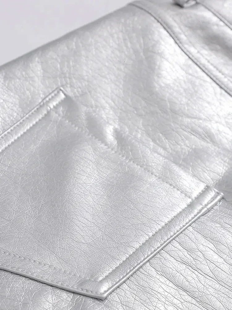 TRZA Women Fashion Front Pockets Faux Leather Silver Mini Skirt Vintage High Waist Zipper Fly Female 250312