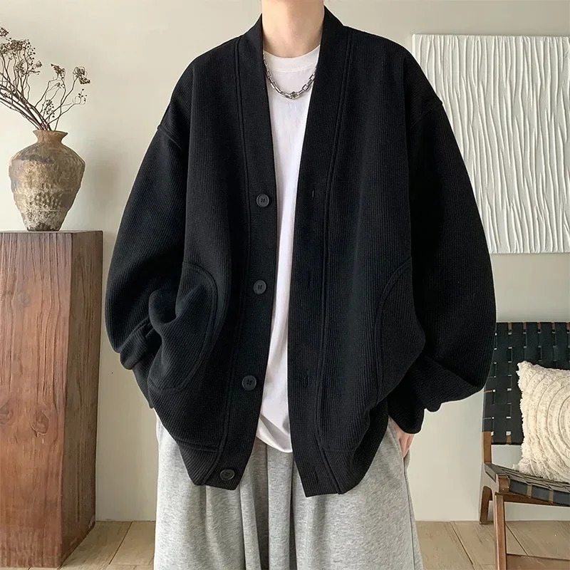 2024 Korean Fashion Cardigan For Men Autumn Solid Color Y2K Streetwear Sweatshirts Casual Vintage Loose Jackets Sweaters 250311