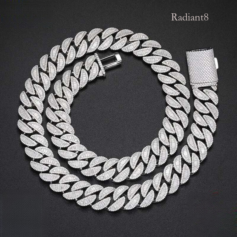 High Quality Unisex VVS1 Baguette Moissanite Cuban Chain Necklace Sier For Men Hip Hop Jewelry