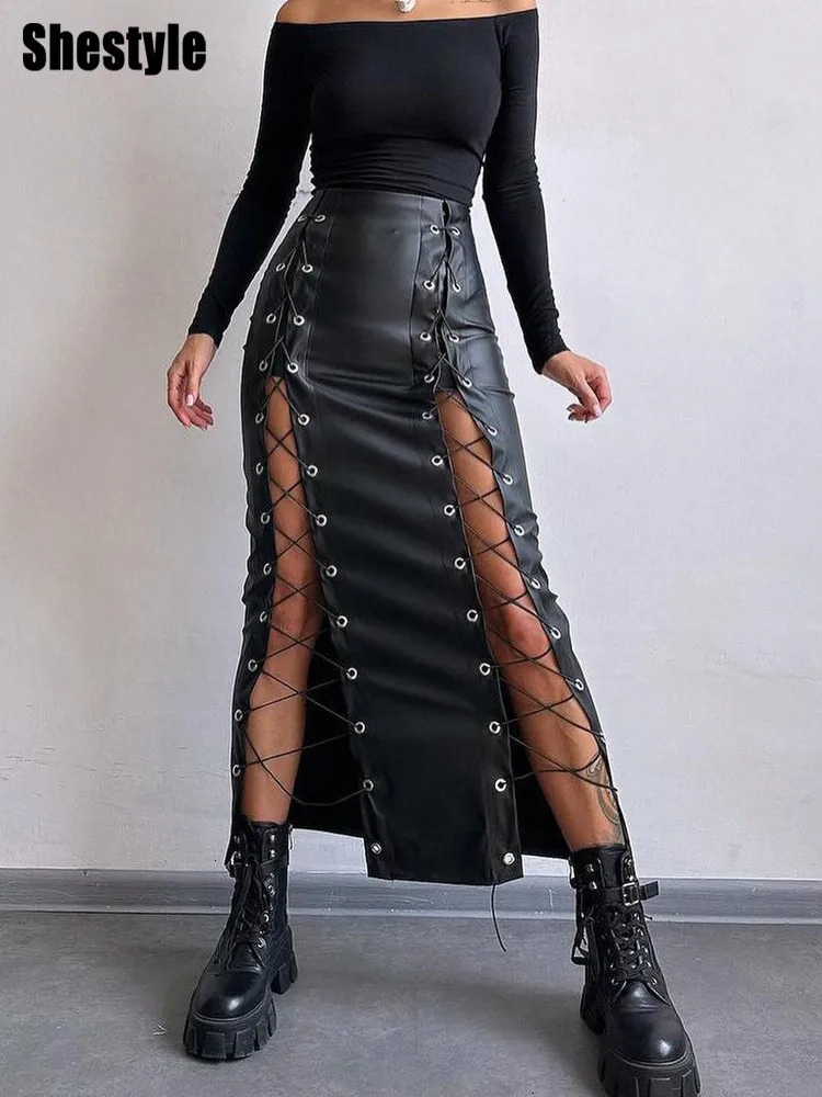 Shestyle Lace Up Bandage Hollow Out Long Skirt Women Slit PU Leather Sexy Pencil High Waist 2025 Spring Fashion Black Bottom 250312
