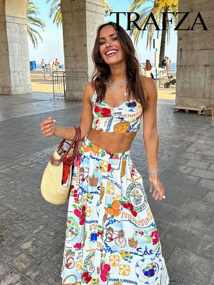 Two Piece Dress TRAFZA Womens 2-piece Sexy Slvel Back Printed Button Mini Pendant Top+Elegant High Waist Button Beach Midi Skiing Y250315ZSK5