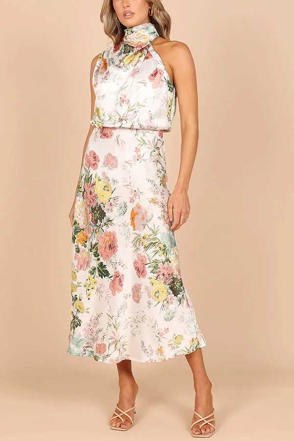 Two Piece Dress Satin print womens long dress Slvel Halter collar A-line party Dr fashion elegant night party club Vestidos Y250315CYML