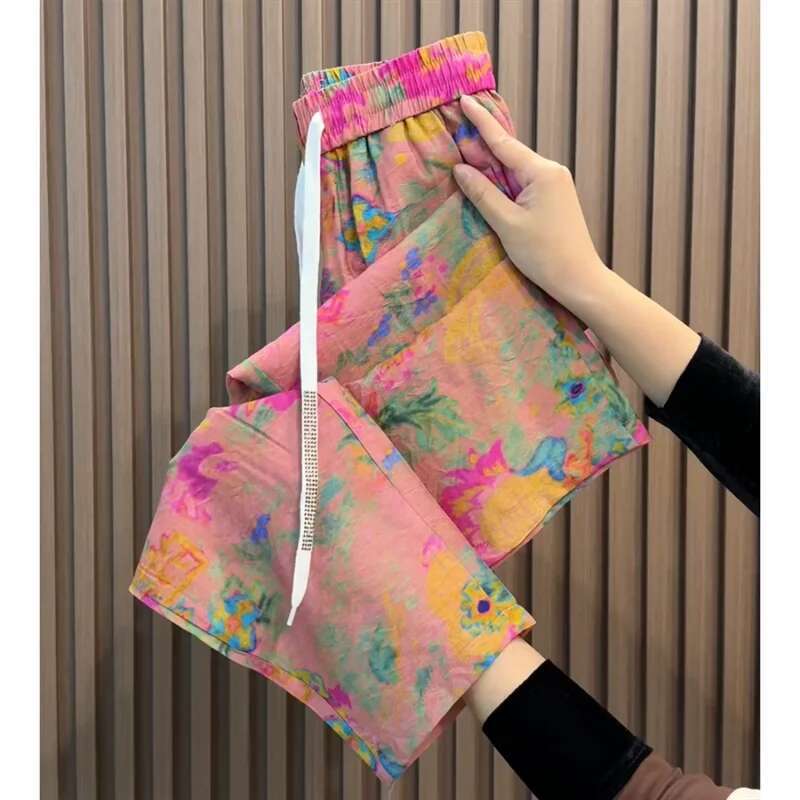 2025 new multi-functional slim straight leg pants, short design, fashionable Chinese style, new printed lightweight cut women's harem pants5