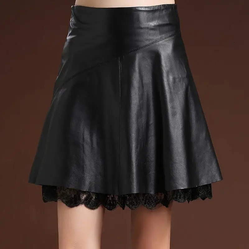 On Sale Spring Summer Women High Waist Black PU Leather Lace Skirts Casual Solid Korean Elastic Pleated Y2K Sexy Club Skirt 250312