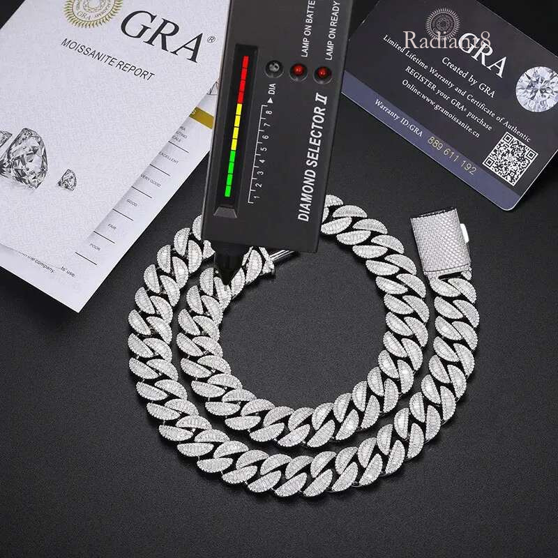 High Quality Unisex VVS1 Baguette Moissanite Cuban Chain Necklace Sier For Men Hip Hop Jewelry