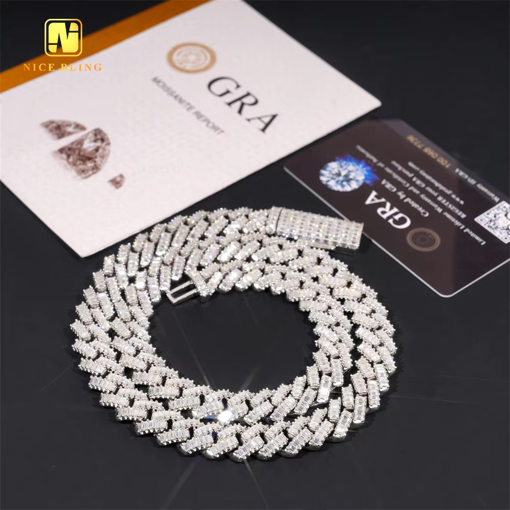 High Quality Luxury Bling Baguette Diamond Iced Out Cuban Link 12mm 925 Sterling Silver Moissanite Cuban Link Chain