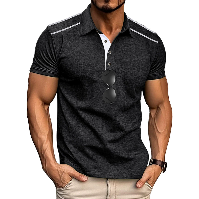 Summer T-Shirts Men's Short-sleeved Lapel Button Retro Color Matching Shirt Tshirt Shirt MALE Polyester Tops Tees Light Grey Light Blue XXXL