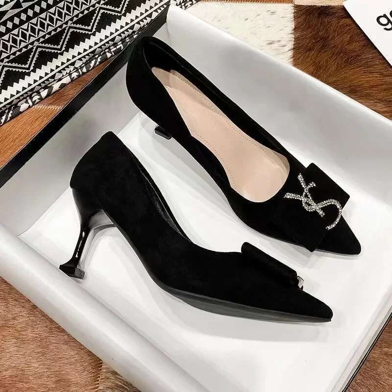 new style metal buckle design suede shallow mouth pointed stiletto black sexy party wedding women's high heels