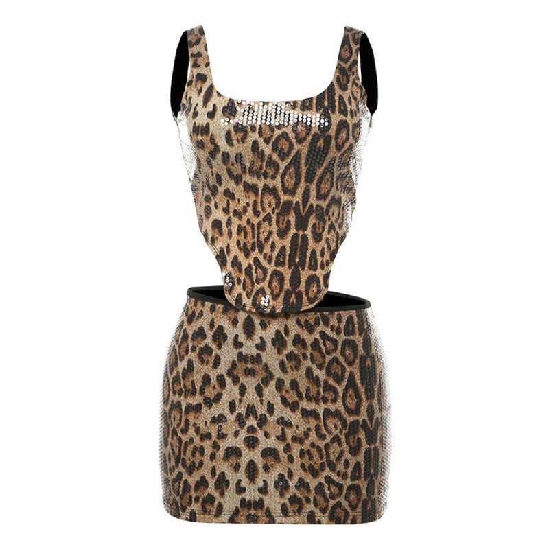 Two Piece Dress Leopard Print Sequin 2 Piece Set Backl Corset Top and Mini Skirt Sexy Club Outfits Women Summer Backl Skirt Tracksuits Y250315JM7U