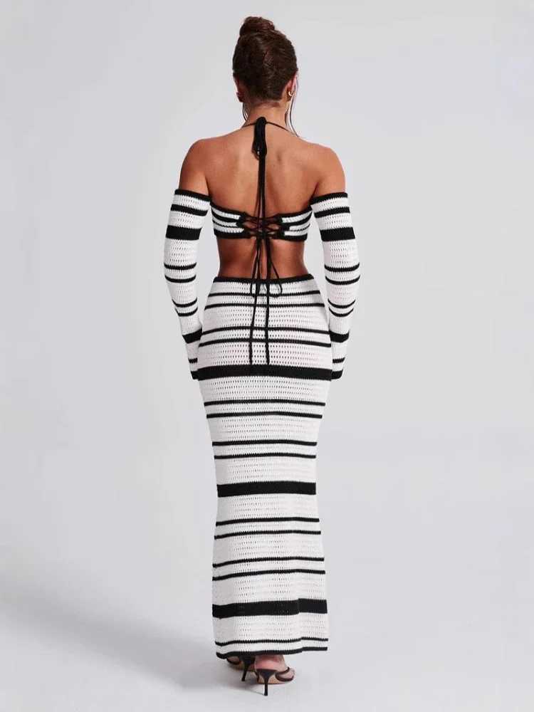 Two Piece Dress Summer New Fashion Womens 2 Piece Skirt Outfits Halter Neck Knit Striped Tops Long Skinny Skirt Casual Beach Vacation Set Y250315DDDY
