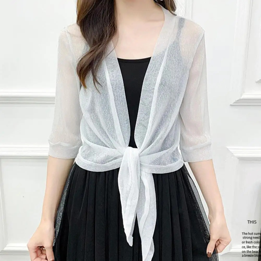 Half Sleeve SeeThrough Cardigan Front Laceup Short Jacket Summer Lace Sunscreen Coat Streetwear 250311