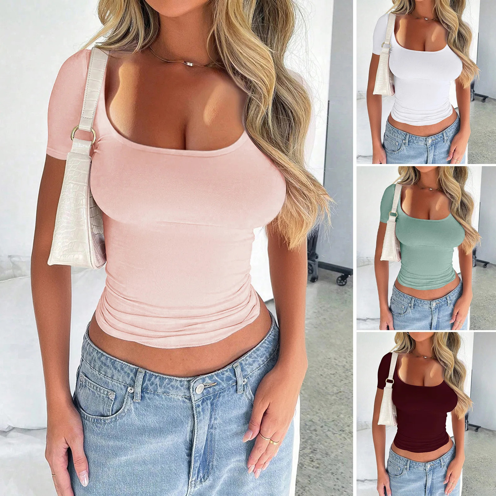 YJKDYK 2025 Summer Womens T-shirt Solid Color O-neck Ladies Short Sleeve Tops Y2K Sexy Slim Fit Tops Womens Summer Blouse 250314