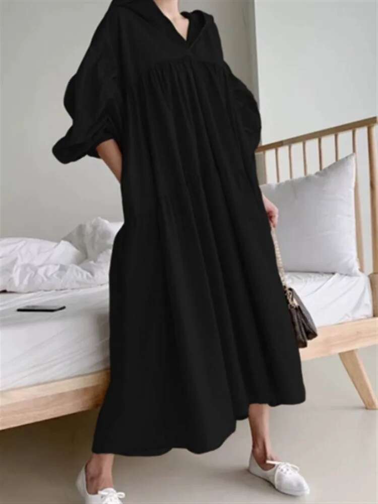 2025 new hooded oversized women's shirt dress designer fashion bubble sleeves solid color casual loose straight tube long skirt women's spri
