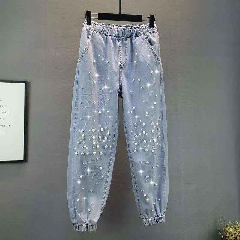 2025 new beaded denim designer fashion harem women's spring and summer pearl decoration elastic waist loose jeans fashion trend full pants4