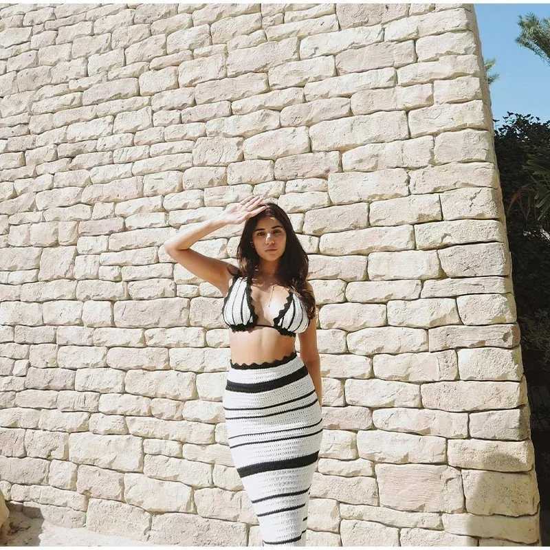 Two Piece Dress Womens Summer Knitted Beach Skiing Set Womens Sexy Back Slimming Bohemian Dress Striped Holiday Two Piece Beach Dress Womens Y2503151Y